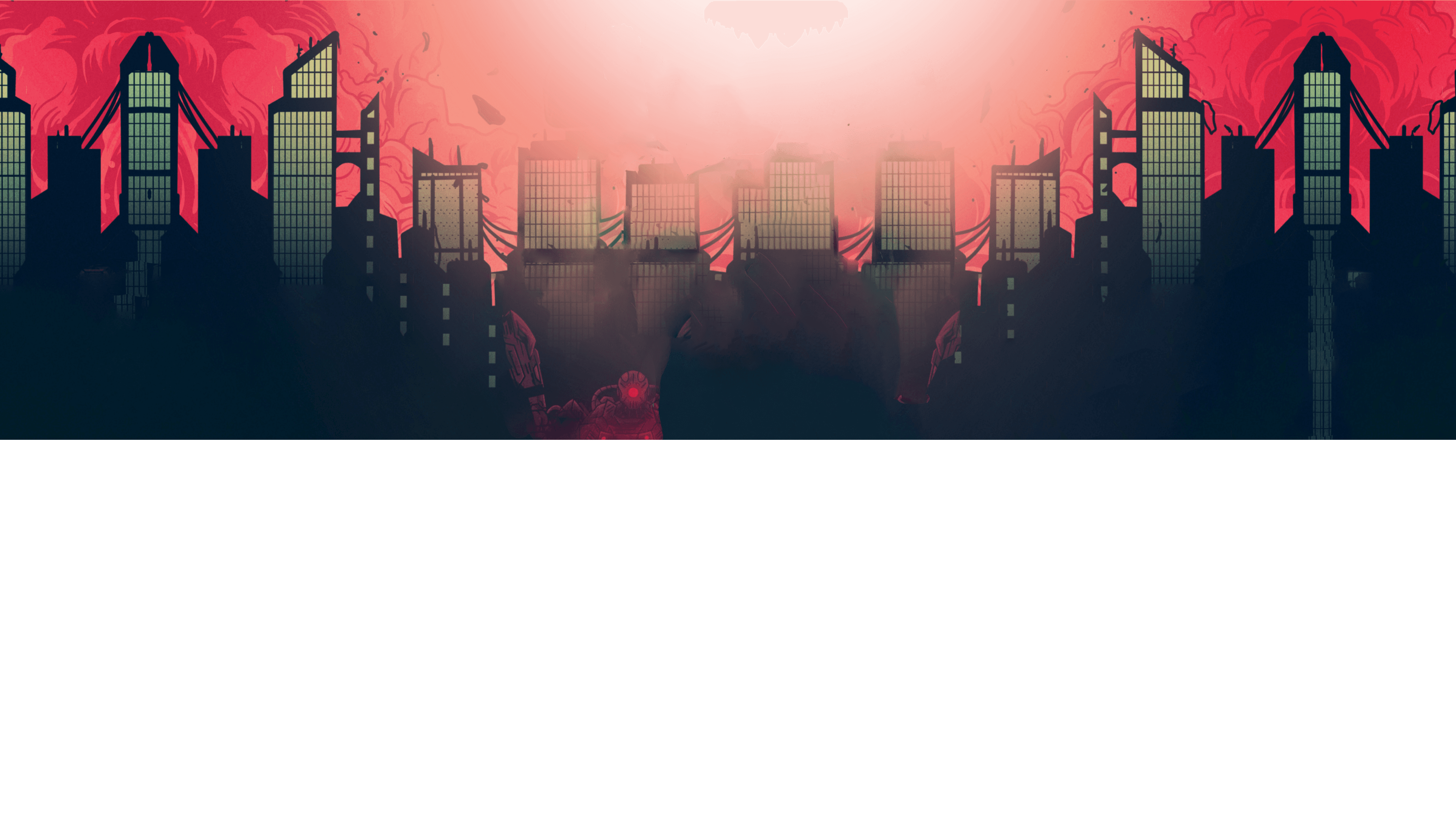 A city scape with a red sky and smoldering buildings, fourth image layer 