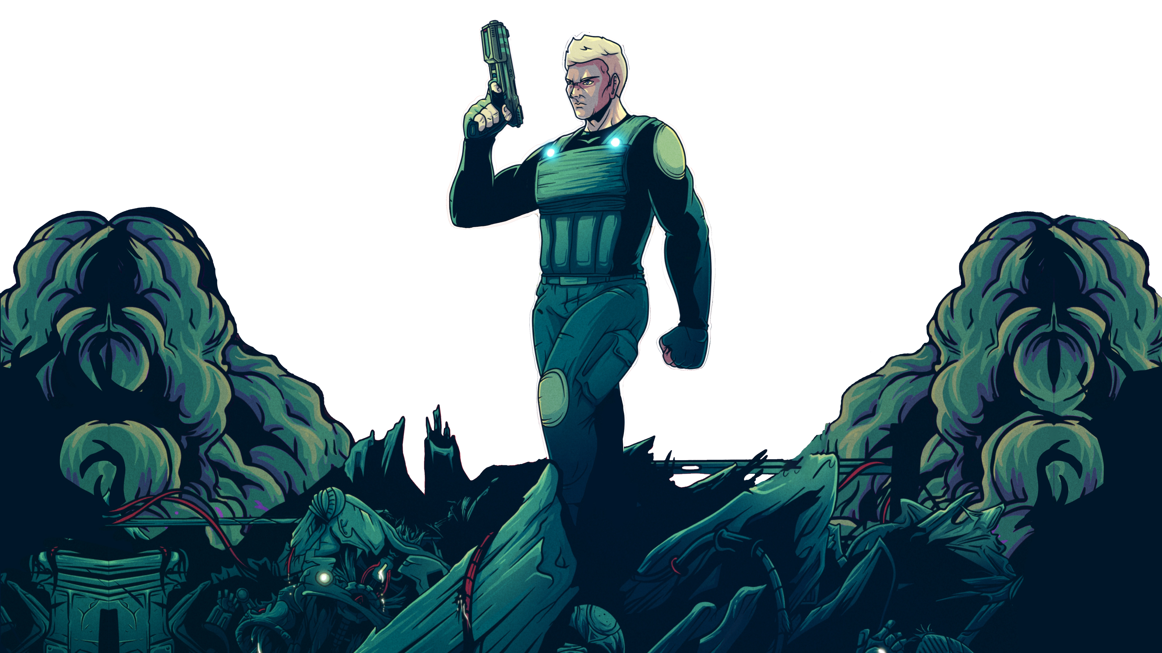 Colonel Frost holding a pistol and standing in a pile of dead robots, second image layer